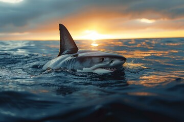 A shark is swimming in the ocean with the sun setting in the background