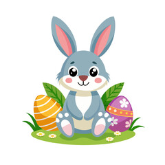 Obraz premium Easter bunny rabbit with Easter basket full of decorated Easter eggs