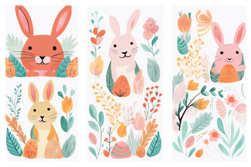 Fototapeta na wymiar cover leaves collection easter drawn easter rabbit pastel happy floral decorate cute watercolor decorative card element adorable background eggs kids design doodle hand vector set