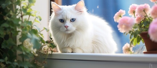 White cat with blue eyes sitting on windowsill near flowers