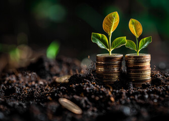 Finance illustration. A stack of coins growing from the ground with green leaves symbolizes growth and financial success. The background is dark to highlight the coins and plants.