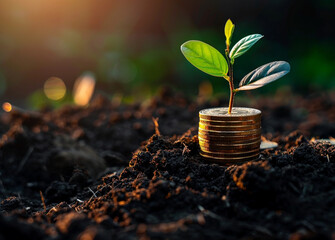 Finance illustration. A stack of coins growing from the ground with green leaves symbolizes growth and financial success. The background is dark to highlight the coins and plants.