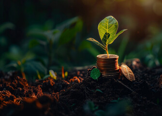Finance illustration. A stack of coins growing from the ground with green leaves symbolizes growth and financial success. The background is dark to highlight the coins and plants. - obrazy, fototapety, plakaty