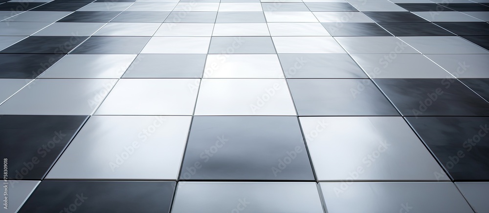Poster the flooring in the building features a black and white checkered pattern resembling a chess board. 