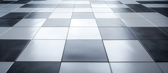 The flooring in the building features a black and white checkered pattern resembling a chess board. The rectangular tiles create a sense of parallel symmetry with varying tints and shades of grey - obrazy, fototapety, plakaty
