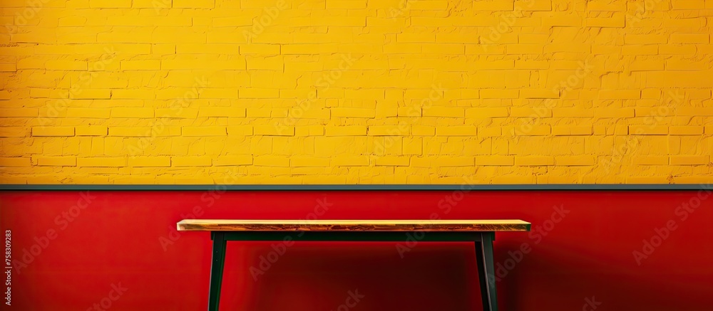 Poster an ambercolored wooden table, shaped in a rectangle, sits in front of a yellow and red brick wall. t