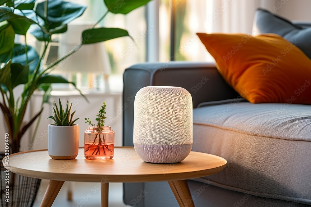 Poster smart speaker. background with selective focus and copy space