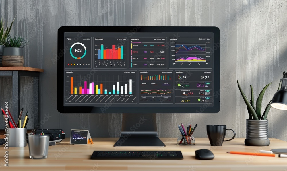 Poster monitor with web page showing a dashboard with colorful graphics