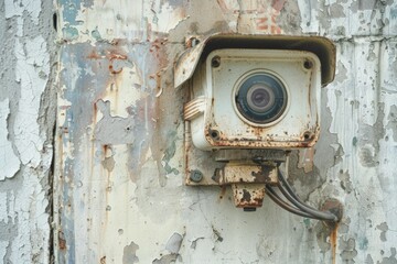 A camera is mounted on a wall with a rusted metal frame