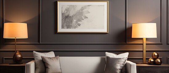 A cozy living room in a building with a couch, two lamps, and a picture frame on the wall. The house has hardwood flooring and a rectangle art piece