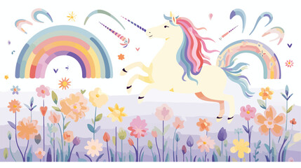 Fototapeta na wymiar A whimsical pattern of unicorns leaping over rainbo