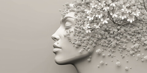woman with flowers in hair illustration 3d painting art on gray light background, with free space
