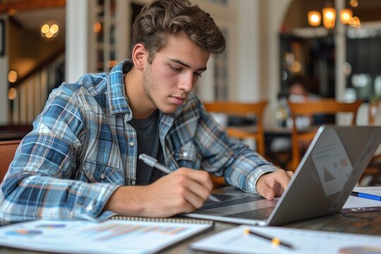 A focused young man is absorbed in studying, writing notes alongside his laptop in a cafe, indicating a commitment to learning and the use of technology for education.
