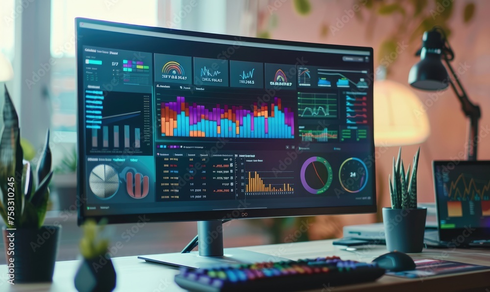 Poster monitor with web page showing a dashboard with colorful graphics