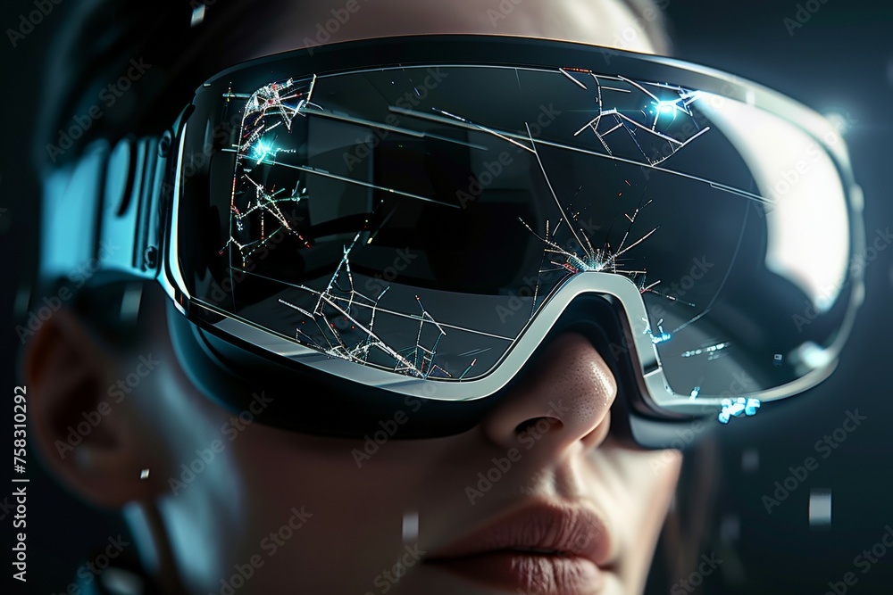 Aufkleber broken virtual reality glasses with cracks. background with selective focus and copy space