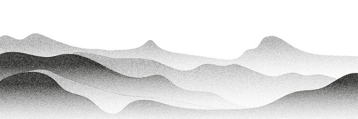 Grayscale vector halftone dots background with a fading dot effect, resembling a abstract mountain landscape. Black noise dots, a sand grain effect, and grunge banner for an abstract, textured pattern