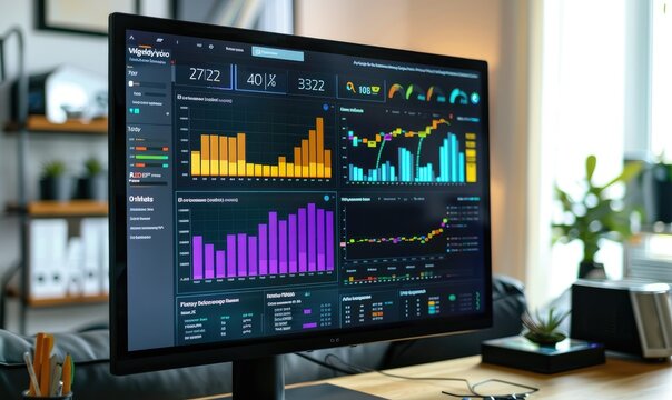 Monitor with web page showing a dashboard with colorful graphics