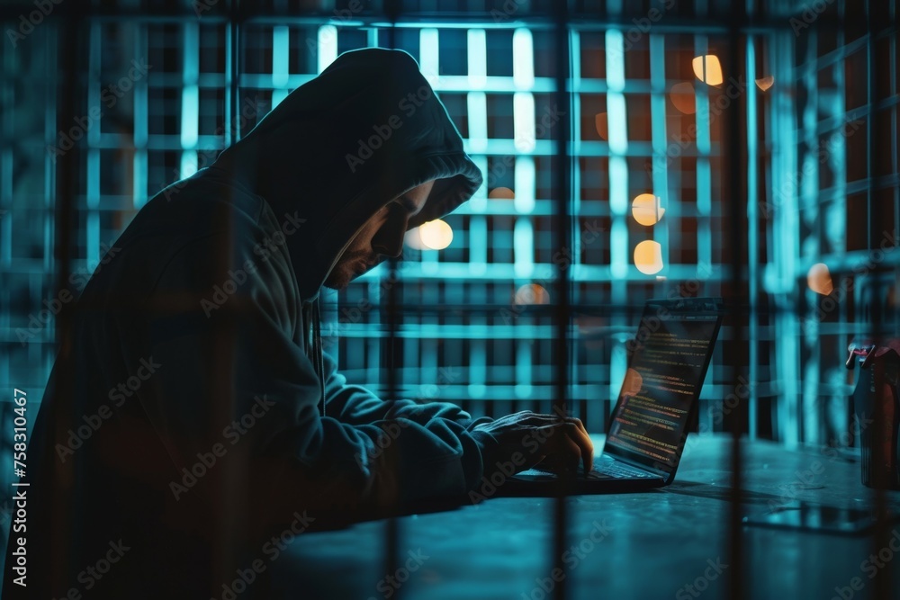 Aufkleber a man is sitting in front of a laptop computer, typing on the keyboard. prisoner hacker in prison