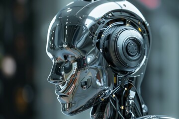 A robot head with a silver body and a pair of headphones on its head