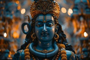 A blue statue of a Hindu god with a snake around his neck - obrazy, fototapety, plakaty