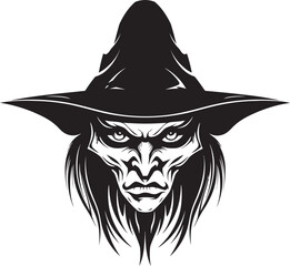 "Veiled Vengeance: Sinister Female Witch Emblem" "Nocturnal Nexus: Eerie Witch Monster Symbol in Black"