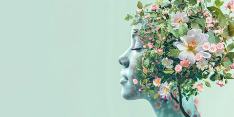 tree flowers tree on human head illustration 3d art with free space to place. Light green background modern painting. Girl abstract background