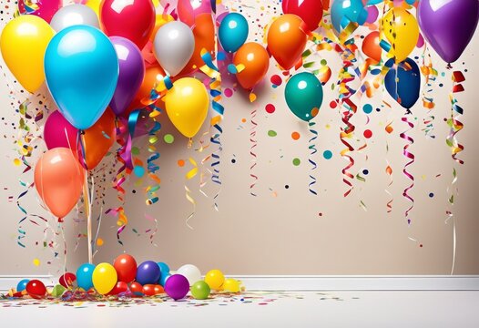 illustration, vibrant party decorations confetti festive celebration, balloons, streamers, supplies, event, birthday, anniversary, colorful, cheerful, fun, lively
