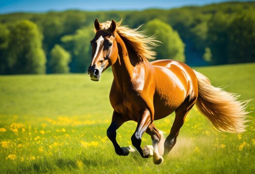 illustration, graceful equestrian horseback riding nature under blue sky, animals, equine, farm, field, grass, green,