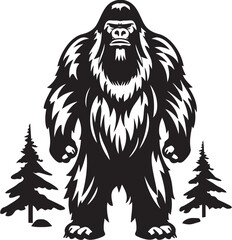 "Mysterious Mythical Mascot: Enigmatic Sasquatch Logo" "Ethereal Evergreen Entity: Adorable Bigfoot Symbol in Black"