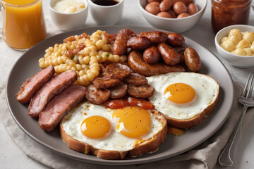 Typical full english breakfast food on plate - 758311678