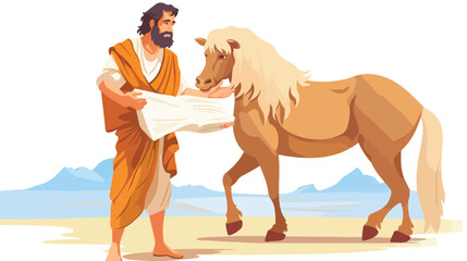 A wise centaur teaching a young student with a scro