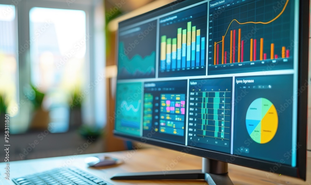 Poster monitor with web page showing a dashboard with colorful graphics
