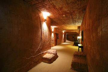 Hallway of the Lookout Cave Motel in Coober Pedy, (South Australia), dug out of sandstone in this...