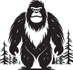 "Gentle Giant Grin: Mystical Bigfoot Emblem" "Enchanted Wood Wanderer: Adorable Fullbody Sasquatch Symbol in Black"