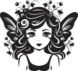 "Pixie Dust Dream: Playful Cartoon Fairy Emblem in Black" "Dreamy Fairy Tales: Whimsical Black Logo Icon Design"