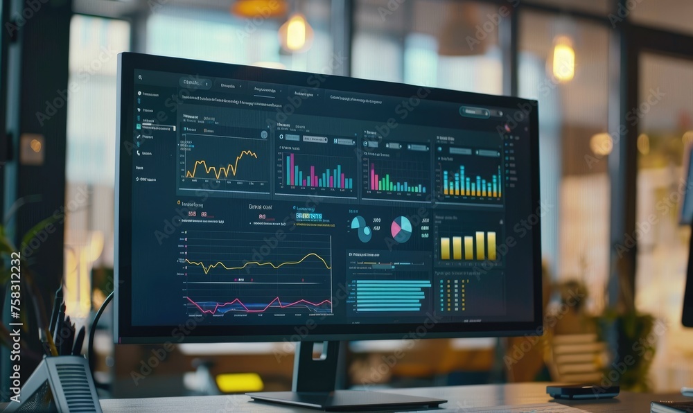 Poster monitor with web page showing a dashboard with colorful graphics