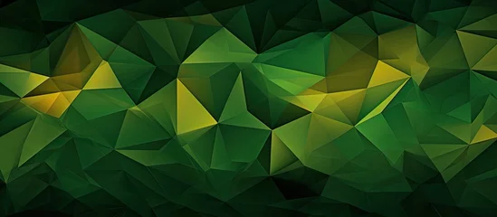 Fotobehang A creative arts piece featuring a green and yellow geometric pattern of triangles overlaying a black background, symbolizing symmetry in nature with hints of grass, plant petals, and circles © 2rogan