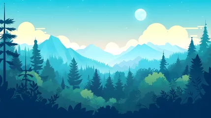 Crédence de cuisine en verre imprimé Turquoise Misty mountain landscape with fir forest in vintage retro style