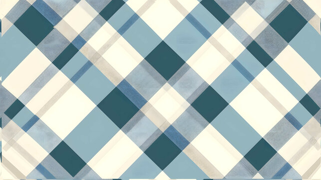 Seamless pattern. Classical cell diagonally. Contrasting cream, blue, gray and olive green color on a white background.