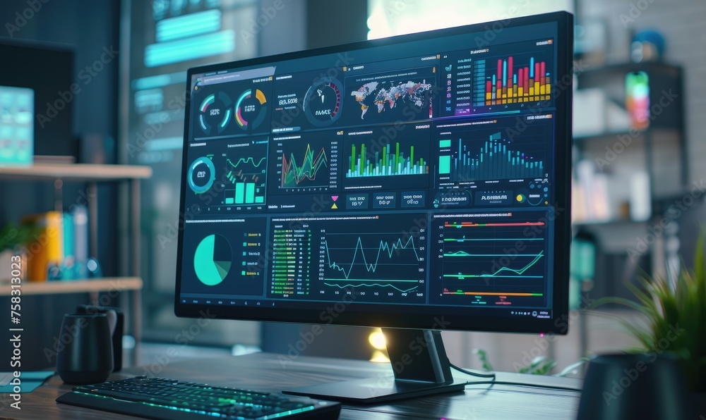 Poster monitor with web page showing a dashboard with colorful graphics