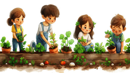 children gardening in a raised bed, learning horticulture in a side view PNG, in a farming-themed, isolated, and transparent cartoon illustration.  Generative ai