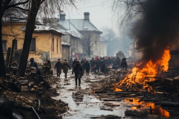 War-torn city with cracked road, fire, people shooting at bandits, and soldier in gas mask