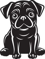 Dynamic Pug Silhouette: Sleek Black Logo Vector Design Adorable Pug Emblem: Charming Iconic Vector Illustration