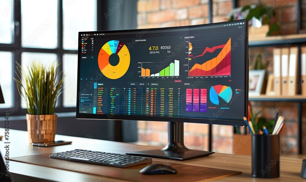Poster monitor with web page showing a dashboard with colorful graphics