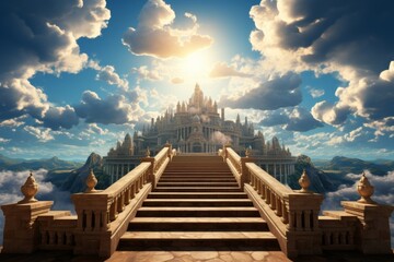 Stairway to heaven. spiritual path leading to the sky and clouds in religious concept - obrazy, fototapety, plakaty
