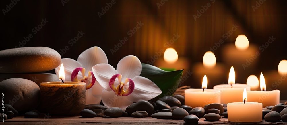 Poster the table is beautifully decorated with an array of candles and flowers, creating a stunning still l