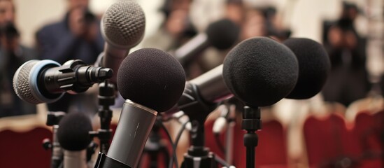 closeup of journalist's mic during press conference - obrazy, fototapety, plakaty
