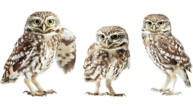 little owl collection (standing, portrait, flying), animal bundle isolated on a white background as transparent PNG