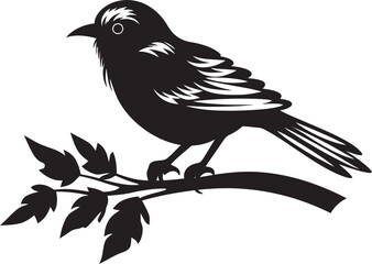 Ethereal Avian Symphony: Tropical Bird Perched on Branch Vector Black Logo Icon Radiant Feathered Charm: Cute Tropical Bird on Branch Black Logo Vector Design