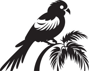 Ethereal Plumage Majesty: Tropical Bird Perched on Branch Vector Black Logo Icon Radiant Jungle Harmony: Cute Tropical Bird on Branch Black Logo Vector Design